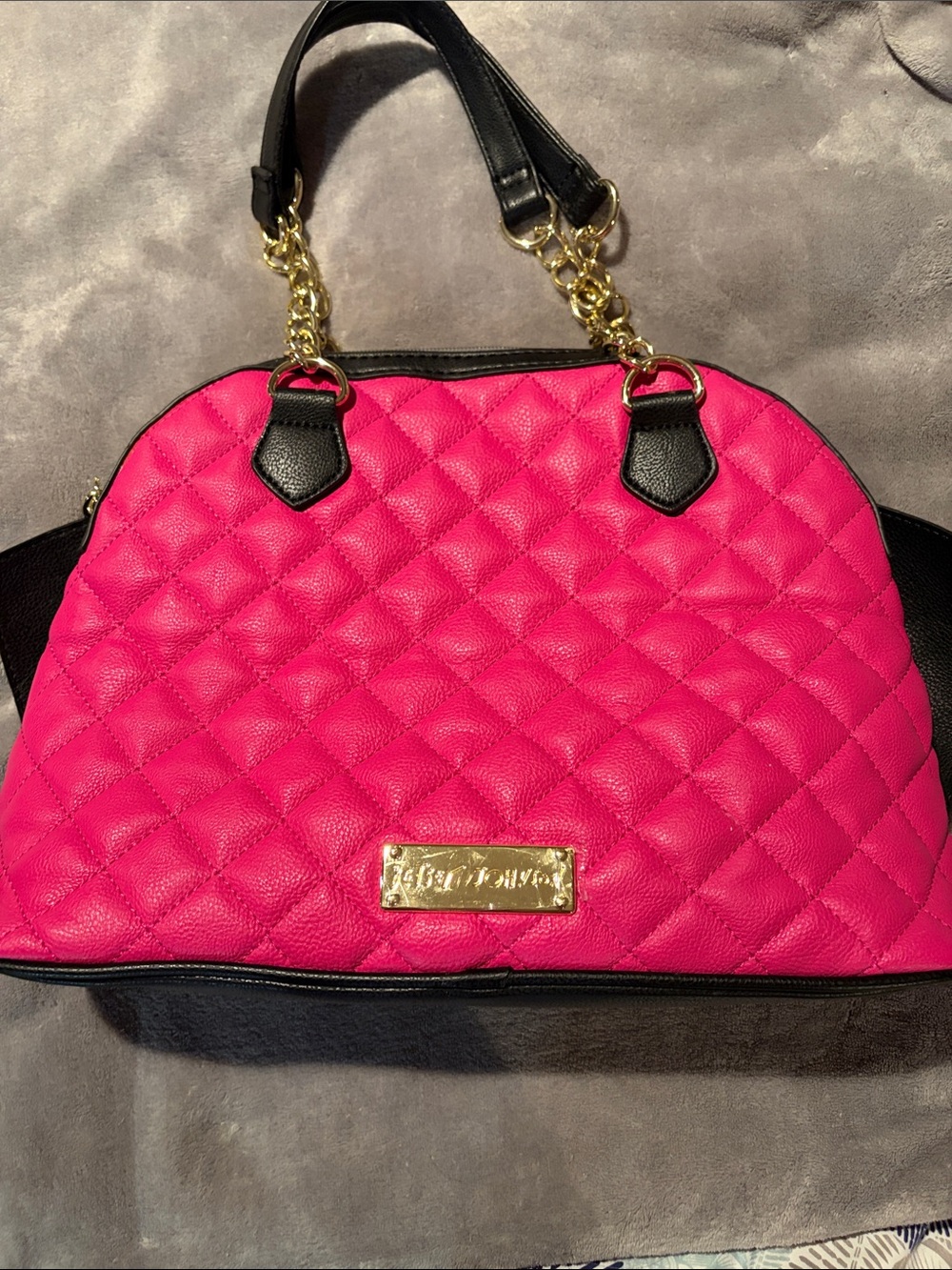 Betsey Johnson Black & Hot Pink Quilted Bow Satchel - Picture 2 of 3